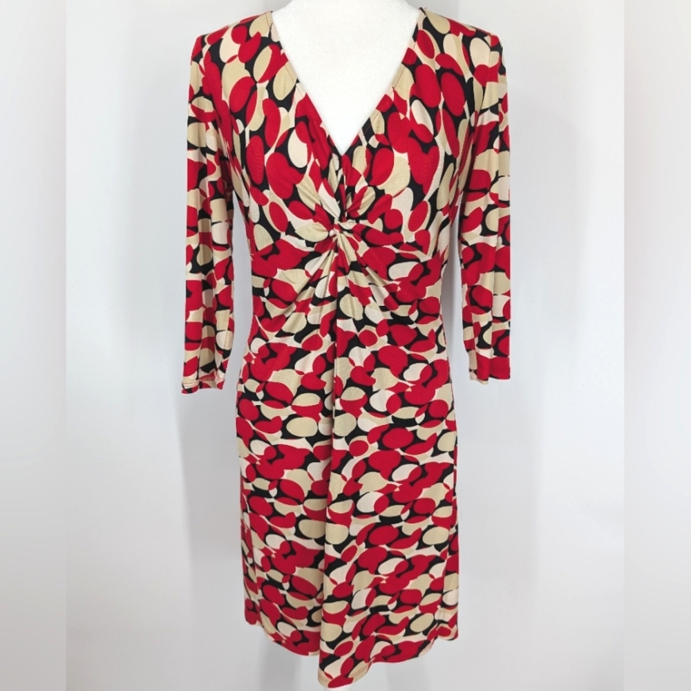 Helmut Lang 100% Silk Red Cream Geometric V-Neck Ruched Long Sleeve Dress Large